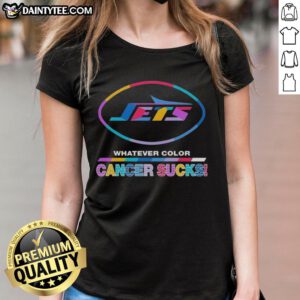 New York Jets football ladies tee featuring colorful 'Cancer Sucks' logo, perfect for team spirit and awareness.