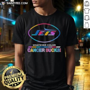 Awesome New York Jets Football t-shirt featuring 'Cancer Sucks' logo in vibrant colors, perfect for fans and supporters.