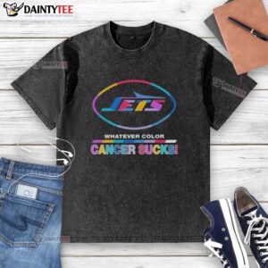 Alt Text: Awesome New York Jets Football Cancer Sucks logo on a washed t-shirt in vibrant colors for fans and supporters.