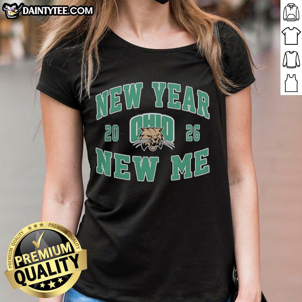 Alt Text: Ohio Bobcats Football 2026 New Year New Me logo on a stylish ladies tee shirt, perfect for fans and fashion.
