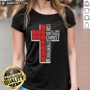 Alt Text: Oklahoma Sooners women's basketball tee featuring 'I Can Do All Things Through Christ' design for fans.