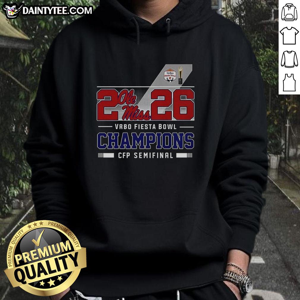 Alt Text: Awesome Ole Miss Rebels CFP Semifinal 2026 Vrbo Fiesta Bowl Champions Hoodie in navy blue, showcasing team pride.