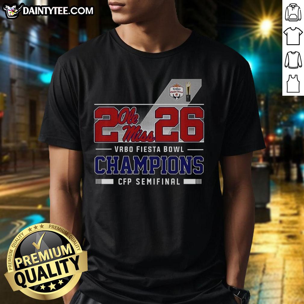 Awesome Ole Miss Rebels CFP Semifinal 2026 Vrbo Fiesta Bowl Champions T-Shirt featuring bold team graphics and colors.
