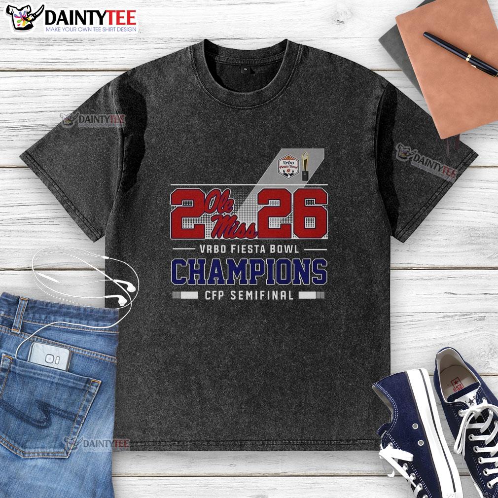 Awesome Ole Miss Rebels CFP Semifinal 2026 Vrbo Fiesta Bowl Champions washed t-shirt featuring bold team graphics.
