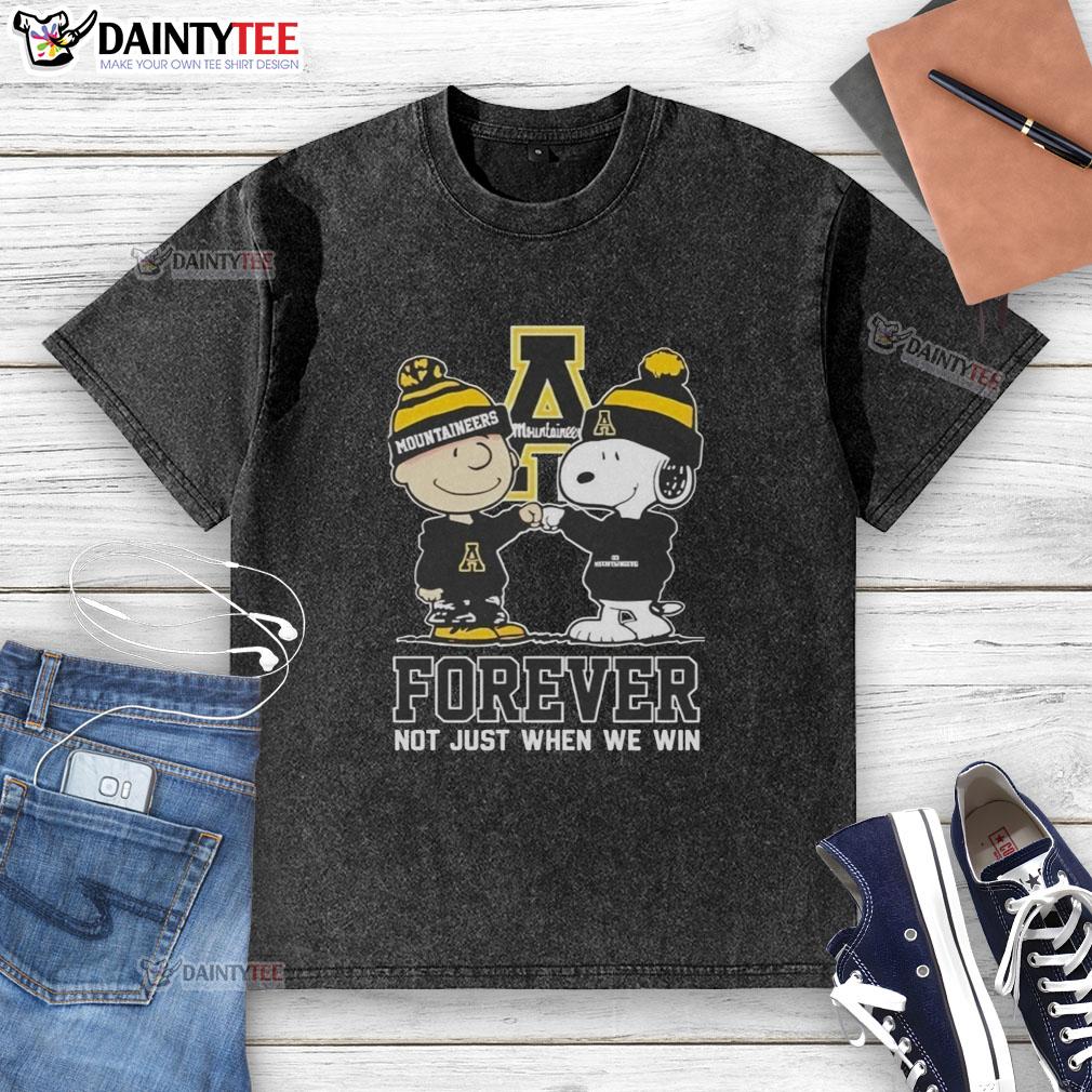 Awesome Peanut Snoopy and Charlie Brown graphic on Appalachian State Mountaineers Forever t-shirt.