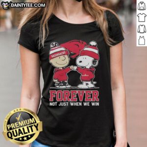 Awesome Peanut Snoopy and Charlie Brown Arkansas Razorbacks Forever tee, perfect for ladies who love sports and style.