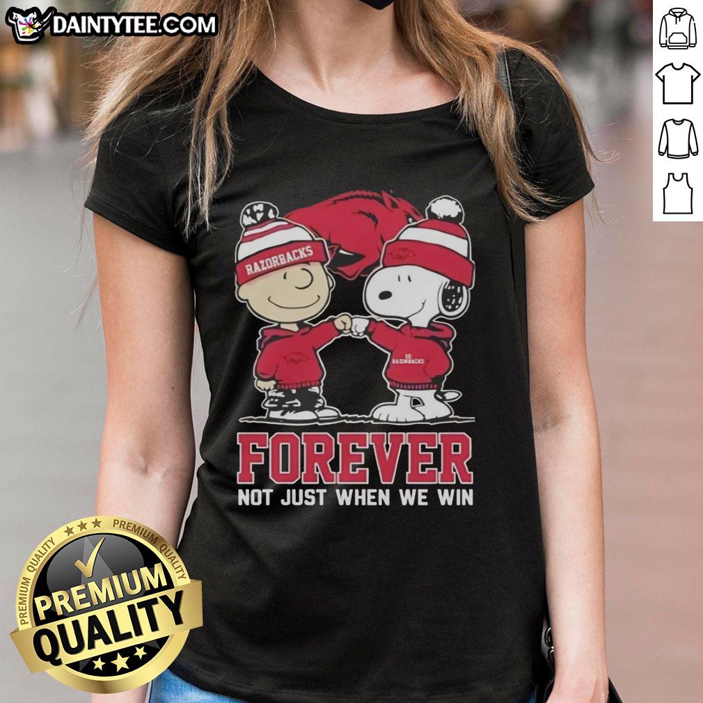 Awesome Peanut Snoopy and Charlie Brown Arkansas Razorbacks Forever tee, perfect for ladies who love sports and style.