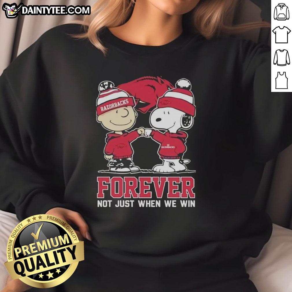 Awesome Peanut Snoopy and Charlie Brown Arkansas Razorbacks Forever sweatshirt design, perfect for fans and supporters.