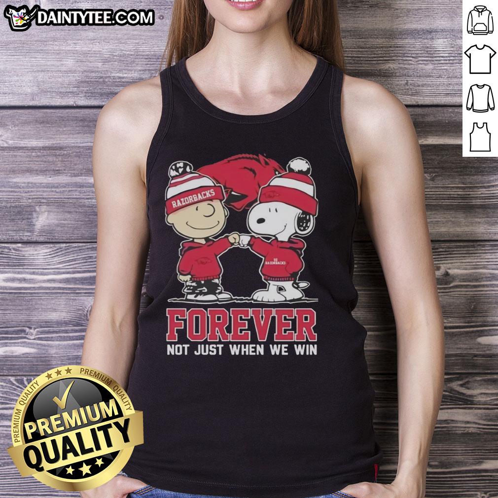 Awesome Peanut Snoopy and Charlie Brown tank top featuring Arkansas Razorbacks design - Forever, not just when we win.
