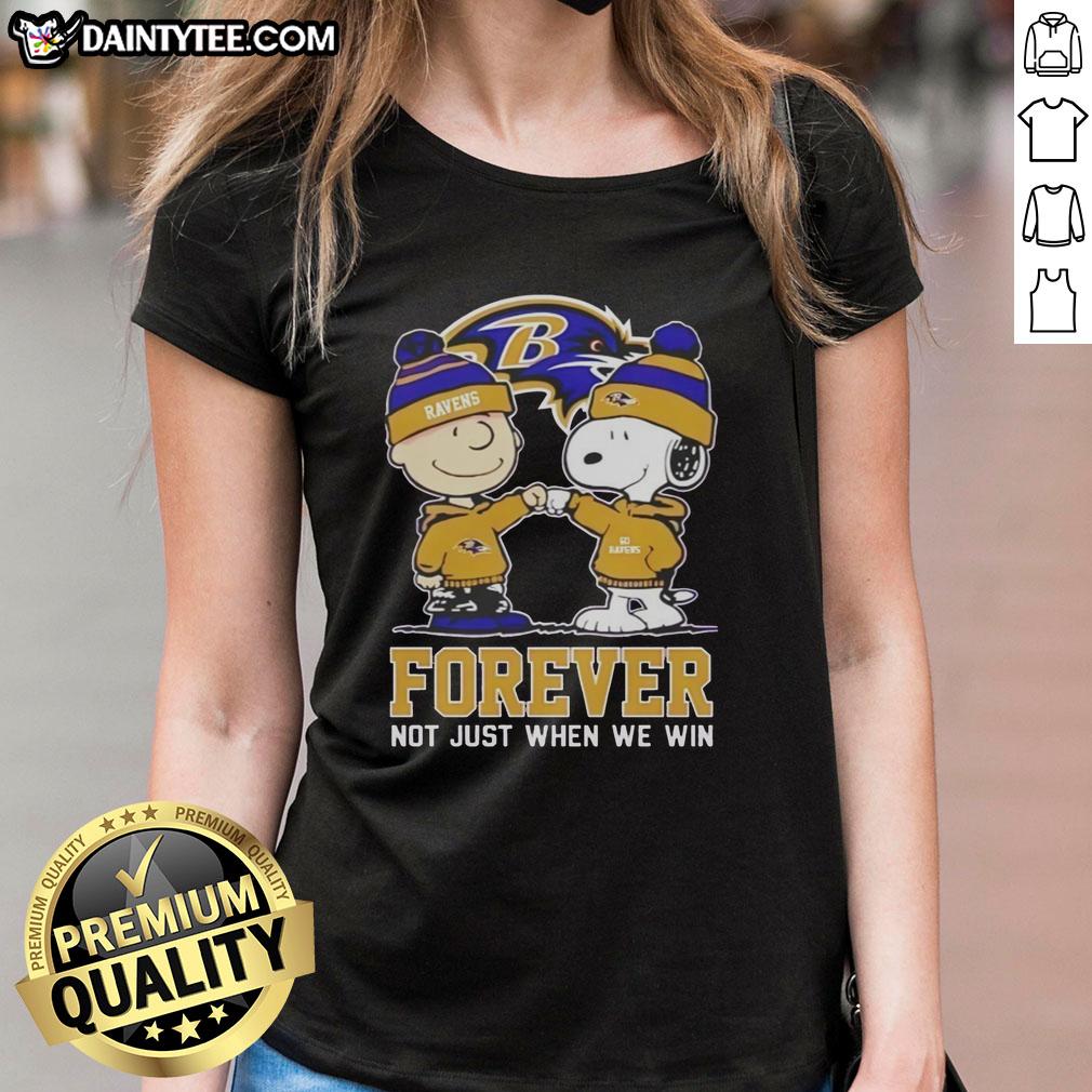 Awesome Peanut Snoopy and Charlie Brown Baltimore Ravens Forever tee for ladies, perfect for fans celebrating every game.