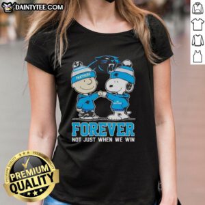 Awesome Peanut Snoopy and Charlie Brown Carolina Panthers Forever tee for ladies, perfect for fans not just when we win.