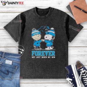 Awesome Peanut Snoopy and Charlie Brown Carolina Panthers Forever T-shirt design, perfect for true fans and collectors.