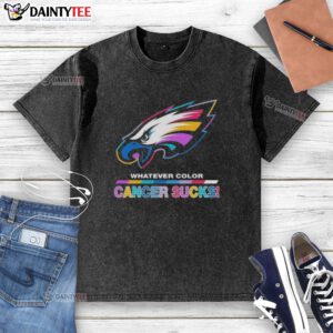 Awesome Philadelphia Eagles football t-shirt in vibrant colors featuring 'Cancer Sucks' logo, perfect for fans.