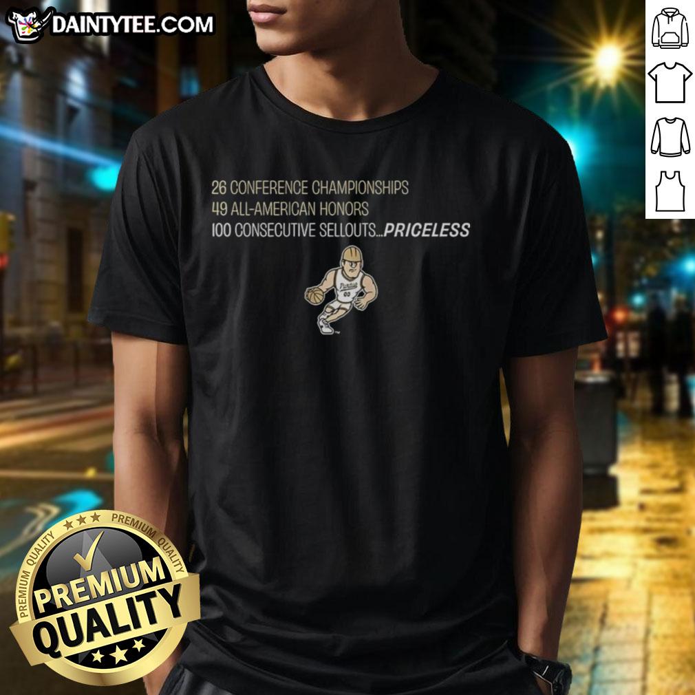 Alt Text: Awesome Purdue Boilermakers Basketball T-Shirt celebrating 100 consecutive sellouts with a priceless mascot design.