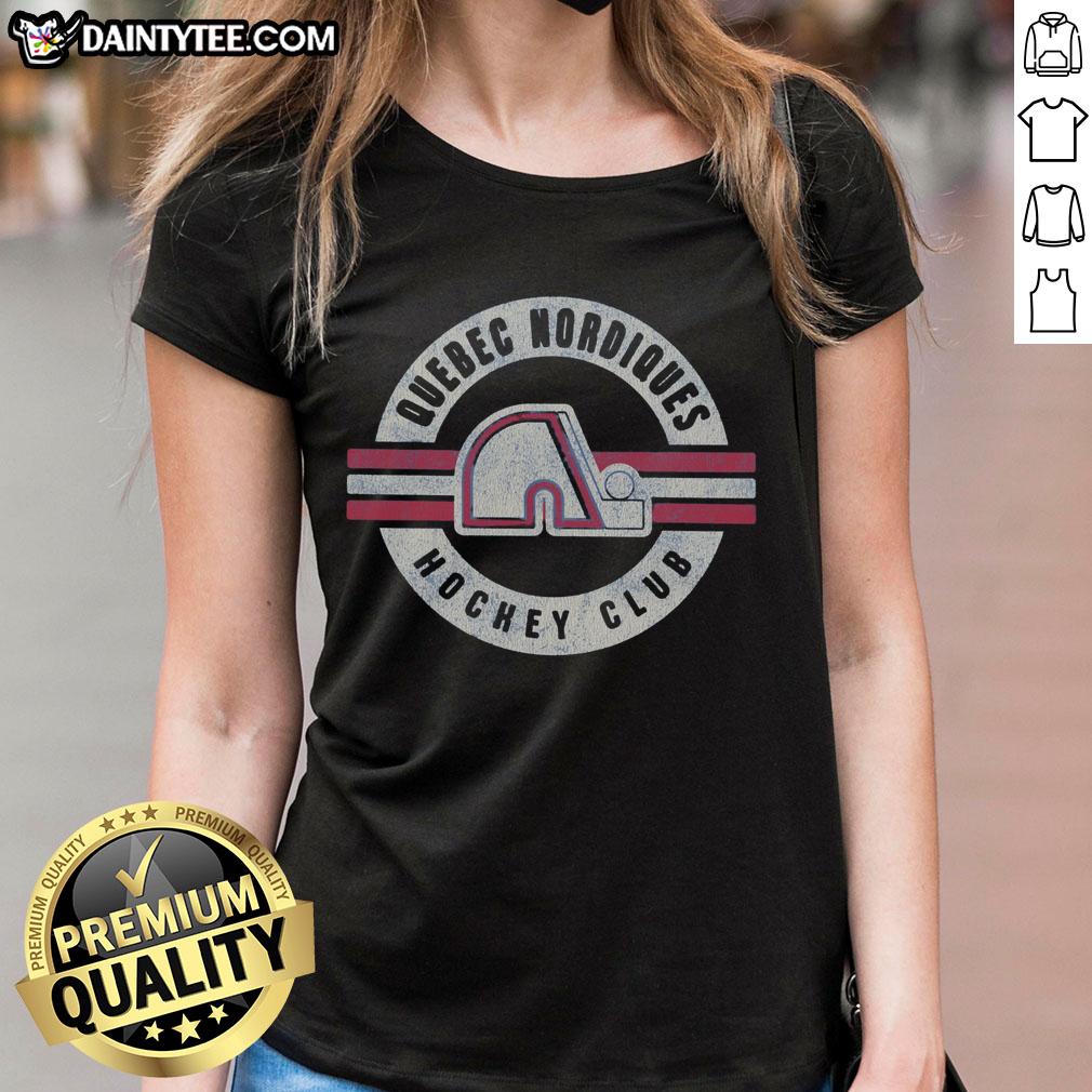 Vintage Quebec Nordiques ladies tee featuring a classic design, perfect for sports fans and retro fashion enthusiasts.