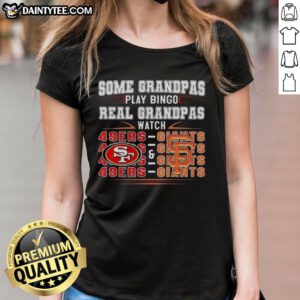 Grandmas enjoying bingo while wearing San Francisco 49ers and Giants gear in a lively atmosphere.