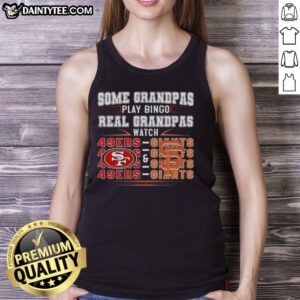 Grandmas in tank tops enjoying bingo while supporting the San Francisco 49ers and Giants at a lively event.