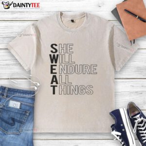 Awesome She Will Endure All Things washed t-shirt featuring a motivational quote and stylish design in soft fabric.