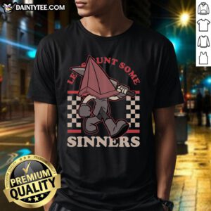 Awesome Silent Hill Pyramid graphic T-shirt design featuring 'Let's Hunt Some Sinners' text for horror game fans.