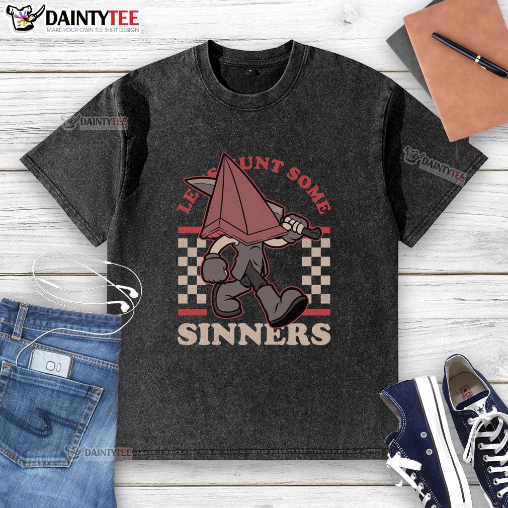 Awesome Silent Hill Pyramid Let's Hunt Some Sinners washed t-shirt featuring a unique graphic design for horror fans.