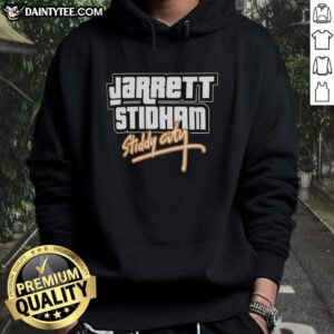 Alt Text: Jarrett Stidham wearing an Awesome Stiddy City GTA Vice City hoodie, showcasing Denver Broncos style.