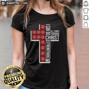 Texas A&M Aggies women's basketball tee featuring 'I Can Do All Things Through Christ' inspirational quote.