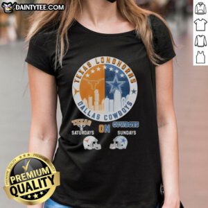 Awesome Texas Longhorns and Dallas Cowboys helmet logo mashup on a ladies tee for game day style.
