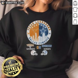 Alt Text: Awesome Texas Longhorns and Dallas Cowboys helmet logo mashup sweatshirt for sports fans on game days.