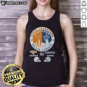Texas Longhorns and Dallas Cowboys helmet logo mashup tank top, perfect for game days and sports enthusiasts.