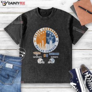 Awesome Texas Longhorns and Dallas Cowboys helmet logo mashup on a washed t-shirt, perfect for game day.