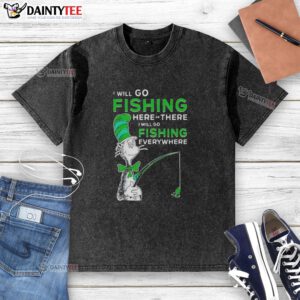 Awesome The Cat In The Hat fishing themed washed t-shirt featuring whimsical design and vibrant colors.