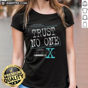 Alt Text: Awesome Trust No One tee featuring unsolved cases and unexplained phenomena inspired by The X-Files for ladies.