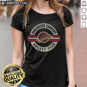 Vintage Vancouver Canucks ladies tee showcasing retro design and team colors, perfect for fans and casual wear.