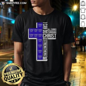 Alt Text: Washington Huskies Women's Basketball Cross T-Shirt featuring 'I Can Do All Things Through Christ' design.