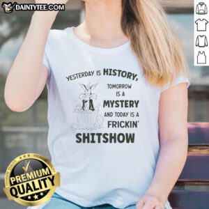 Alt Text: Wile E. Coyote Looney Tunes ladies tee featuring 'Yesterday Is History, Tomorrow Is A Mystery, Today Is A Shitshow' design.