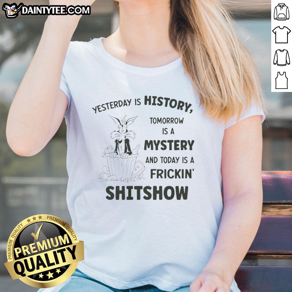 Alt Text: Wile E. Coyote Looney Tunes ladies tee featuring 'Yesterday Is History, Tomorrow Is A Mystery, Today Is A Shitshow' design.