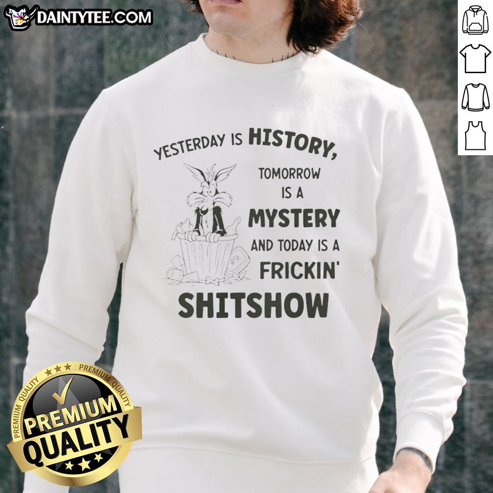 Alt Text: Wile E. Coyote sweatshirt featuring Yesterday is history, tomorrow is a mystery, and today a shitshow quote.