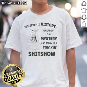 Alt Text: Wile E. Coyote Looney Tunes t-shirt featuring Yesterday is History, Tomorrow is a Mystery, Today is a Shitshow design.
