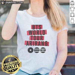 Alt Text: Cute BTS World Tour Arirang 2026 ladies tee featuring vibrant design and stylish fit for fans of the band.
