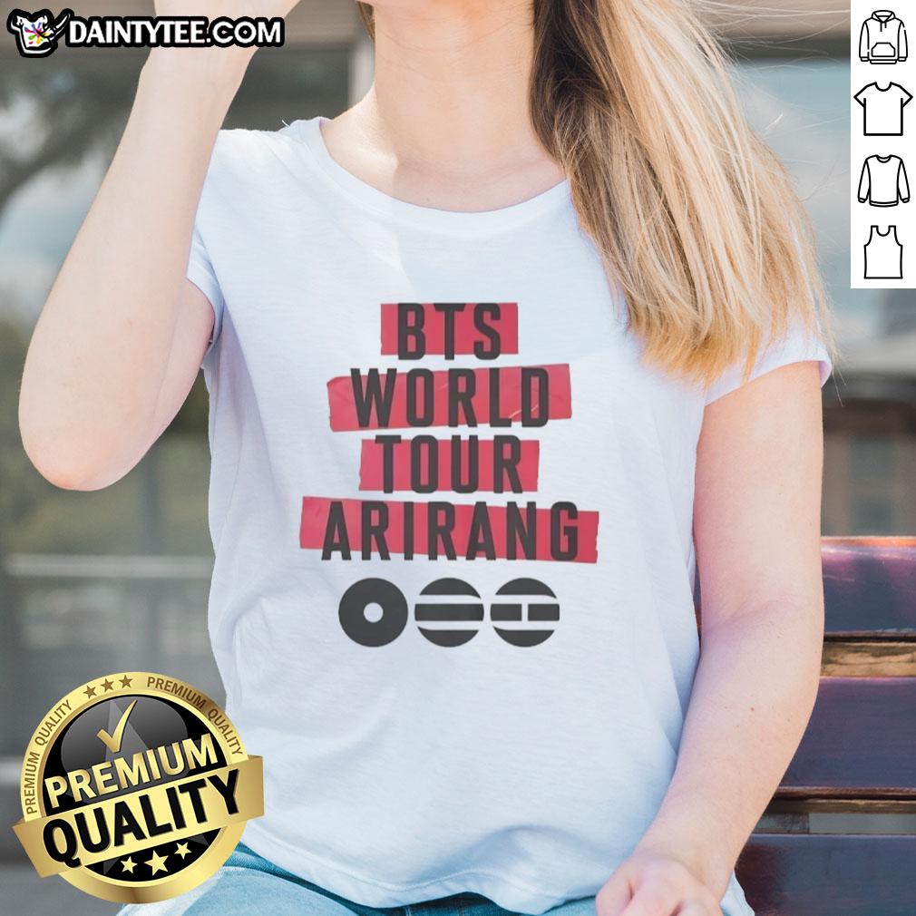 Alt Text: Cute BTS World Tour Arirang 2026 ladies tee featuring vibrant design and stylish fit for fans of the band.