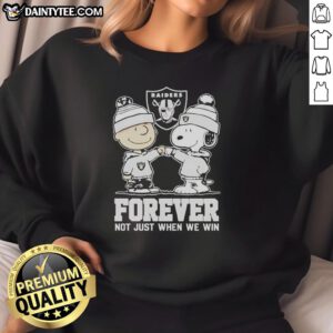 Alt Text: Cute Peanut Snoopy and Charlie Brown in Las Vegas Raiders Forever sweatshirt, perfect for fans of all ages.