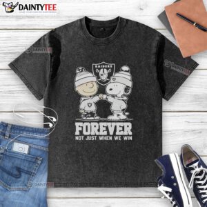 Alt Text: Cute Peanut Snoopy and Charlie Brown on a Las Vegas Raiders Forever T-shirt, perfect for fans celebrating every game.