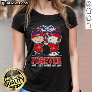Alt Text: Cute Peanut Snoopy and Charlie Brown graphic tee with Liberty Flames Forever slogan for ladies' fashion.