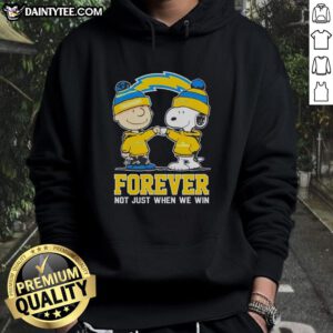 Adorable Snoopy and Charlie Brown in Los Angeles Chargers hoodie, showcasing 'Forever, Not Just When We Win' design.