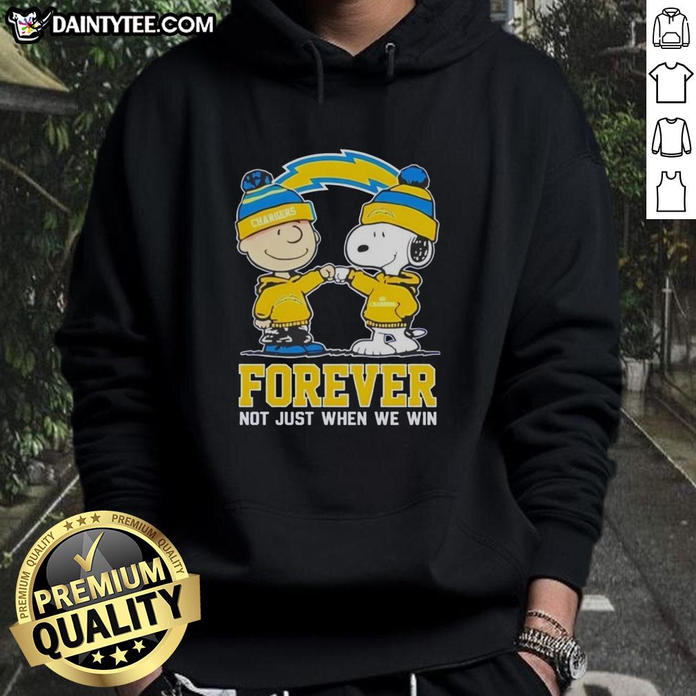 Adorable Snoopy and Charlie Brown in Los Angeles Chargers hoodie, showcasing 'Forever, Not Just When We Win' design.