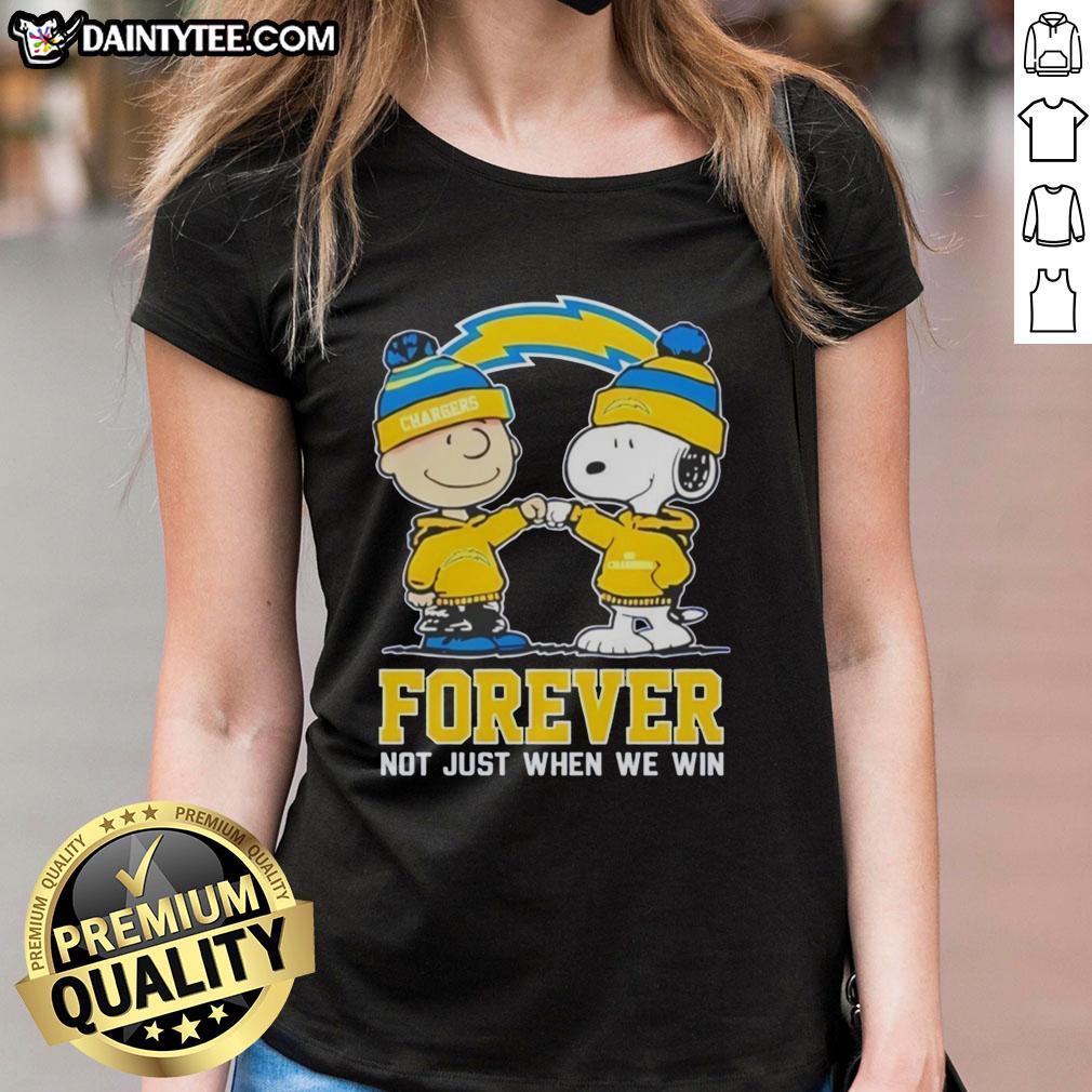 Alt Text: Cute Peanut Snoopy and Charlie Brown on a Los Angeles Chargers Forever tee for ladies, perfect for fans.