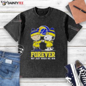 Alt Text: Cute Peanut Snoopy and Charlie Brown on a Los Angeles Rams Forever T-shirt, celebrating fandom beyond just winning.