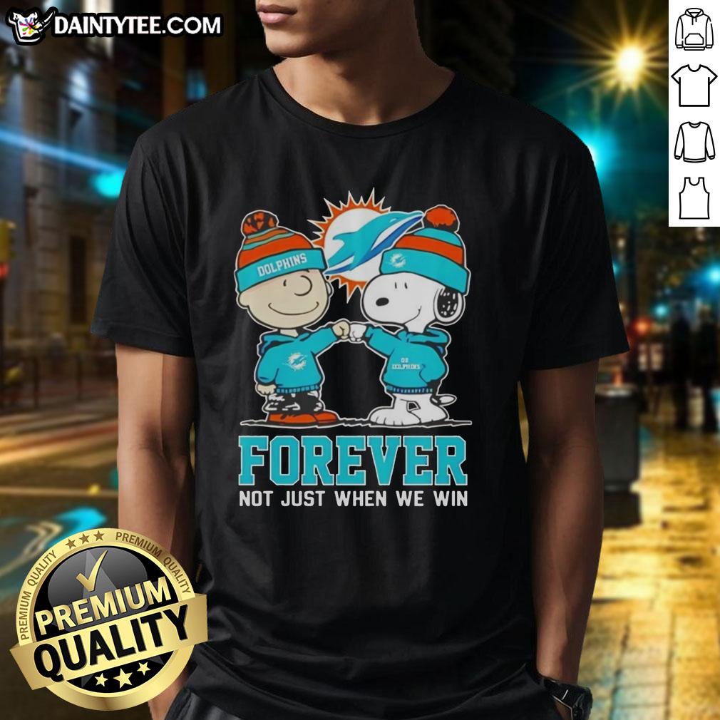 Adorable Peanut Snoopy and Charlie Brown Miami Dolphins Forever T-Shirt design, celebrating fandom beyond just winning.