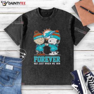Alt Text: Cute Peanut Snoopy and Charlie Brown on Miami Dolphins Forever t-shirt, celebrating fandom beyond just winning.