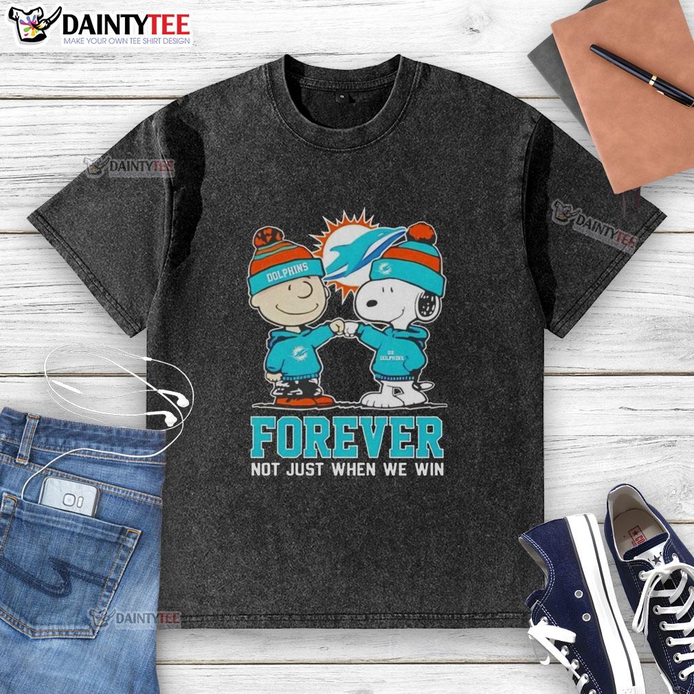 Alt Text: Cute Peanut Snoopy and Charlie Brown on Miami Dolphins Forever t-shirt, celebrating fandom beyond just winning.